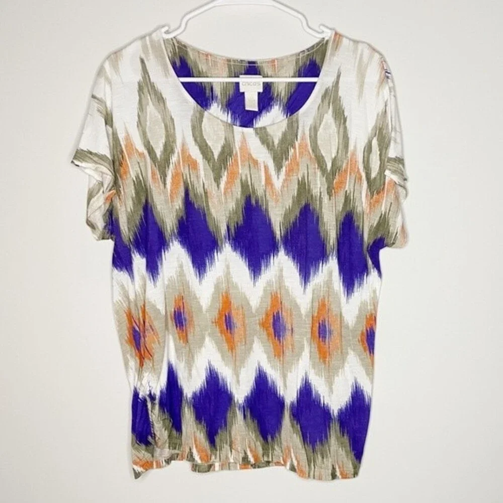 Chicos Aztec Ruched Sides Stretch Boho Soft Blouse Shirt Size 2 (L)